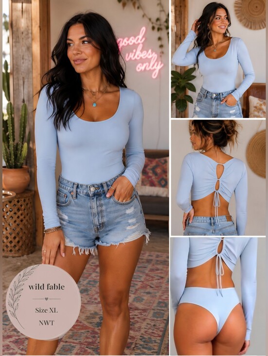 wild fable Tops - Wild Fable NWT Sky Blue Open Back Long Sleeve Ribbed Thong Bodysuit Tie Back